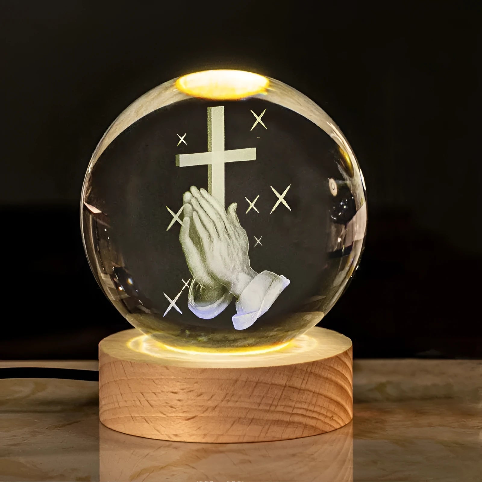 White crystal church ornament with etched purity theme on 6cm ball and warm LED light in wood base