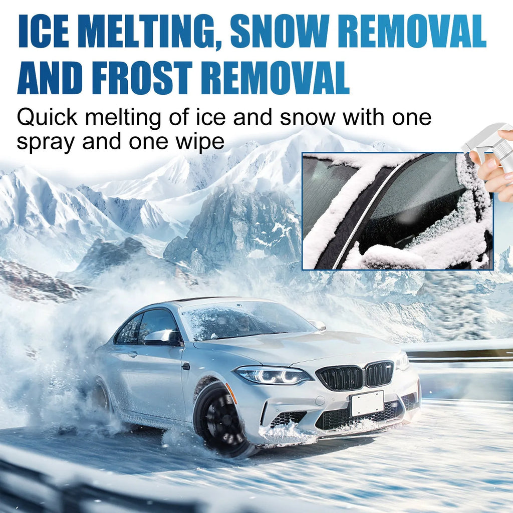 60ml car ice melting spray bottle and cloth scraper for winter windscreen defrosting.