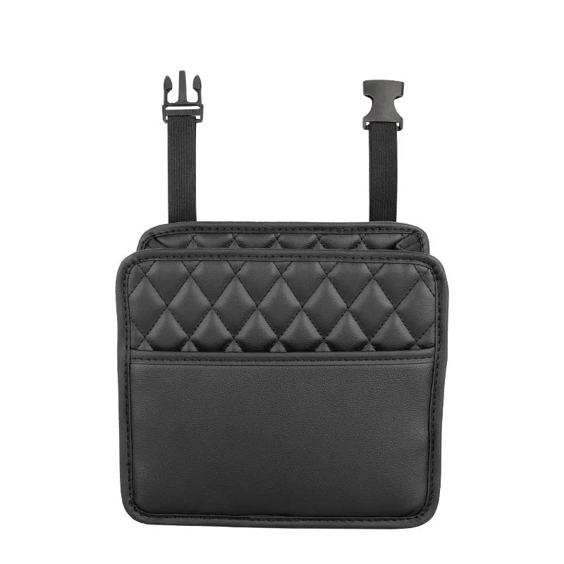 Leather hanging car storage bag in black, shown attached to a car seat headrest