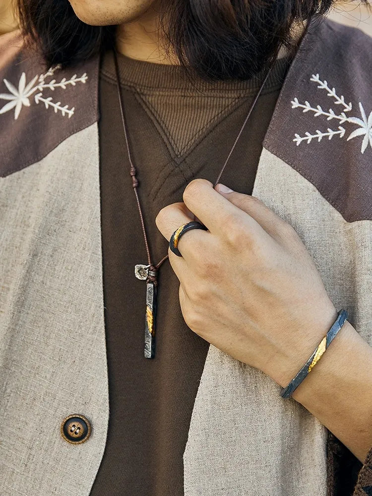 Handmade sterling silver men's necklace with 24K gold and gemstone inlay