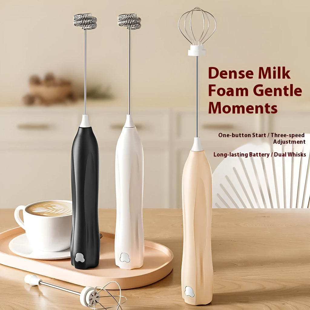 Mini milk frother with 304 stainless steel shaft, three-speed control, Type-C charging, beige colour