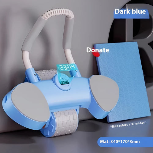 Blue abdominal exercise wheel with large padded elbow supports on a home floor.