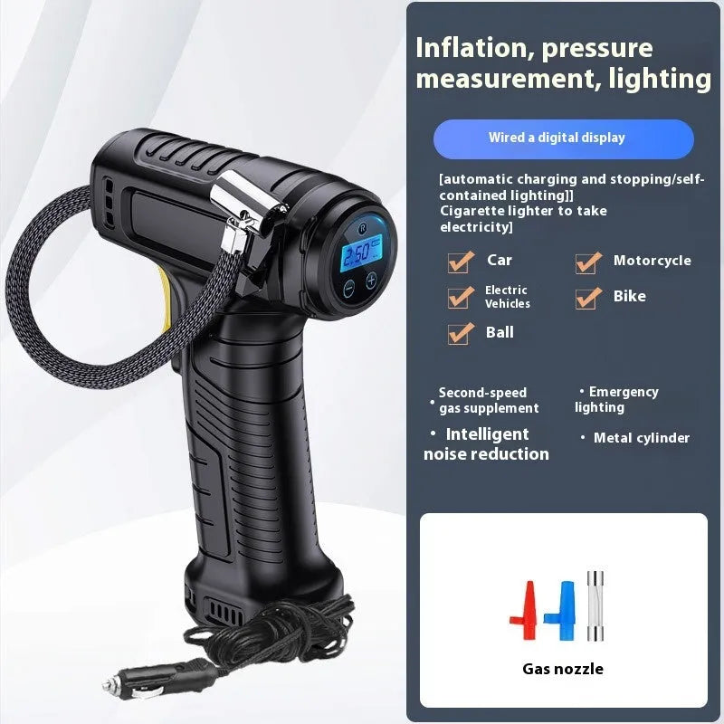 120W handheld inflator with digital display, lighting, ABS alloy body, 160 x 60 x 230 mm, DC12V, 20L/min airflow, air nozzle