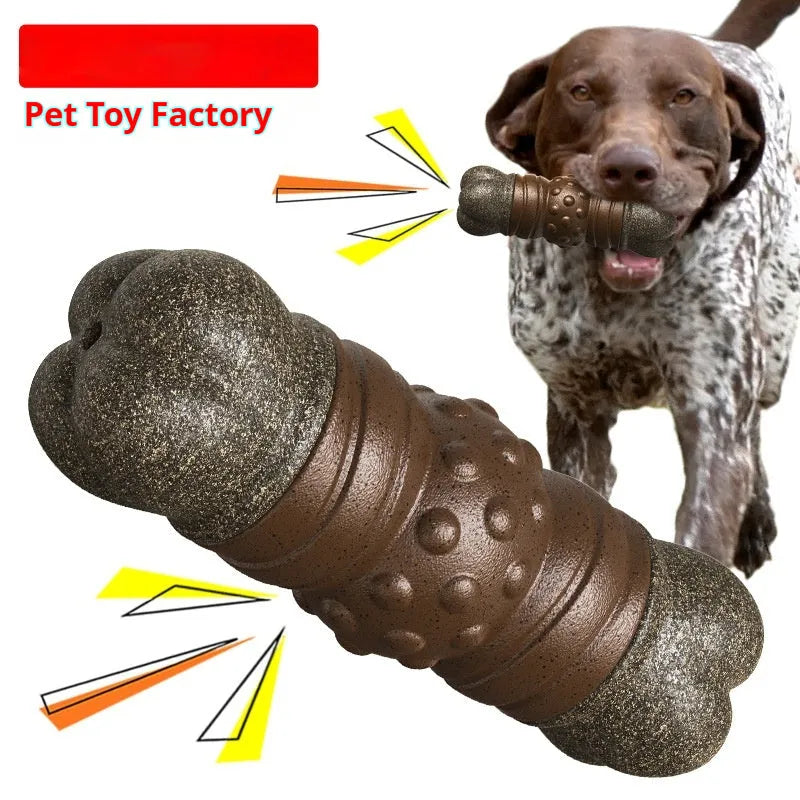 Wood colour plastic dog toothbrush chew toy with bone and molar rod design.