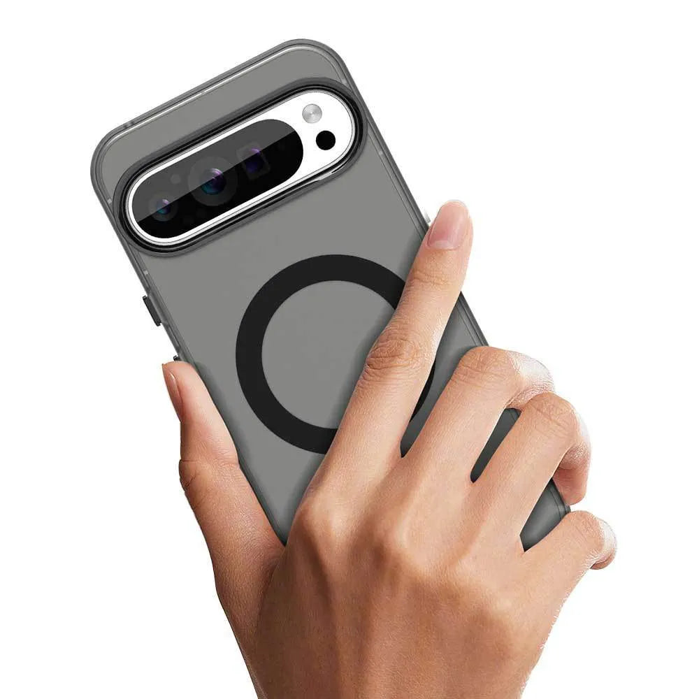 Frosted protective phone case for Google Pixel 9 series with magnetic charging feature and coloured edges.