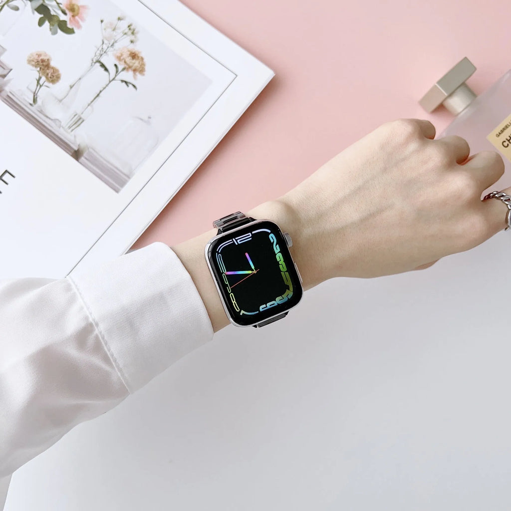 Stainless steel ceramic watch band for Apple Watch with three beads design, gold and black ceramic colour option