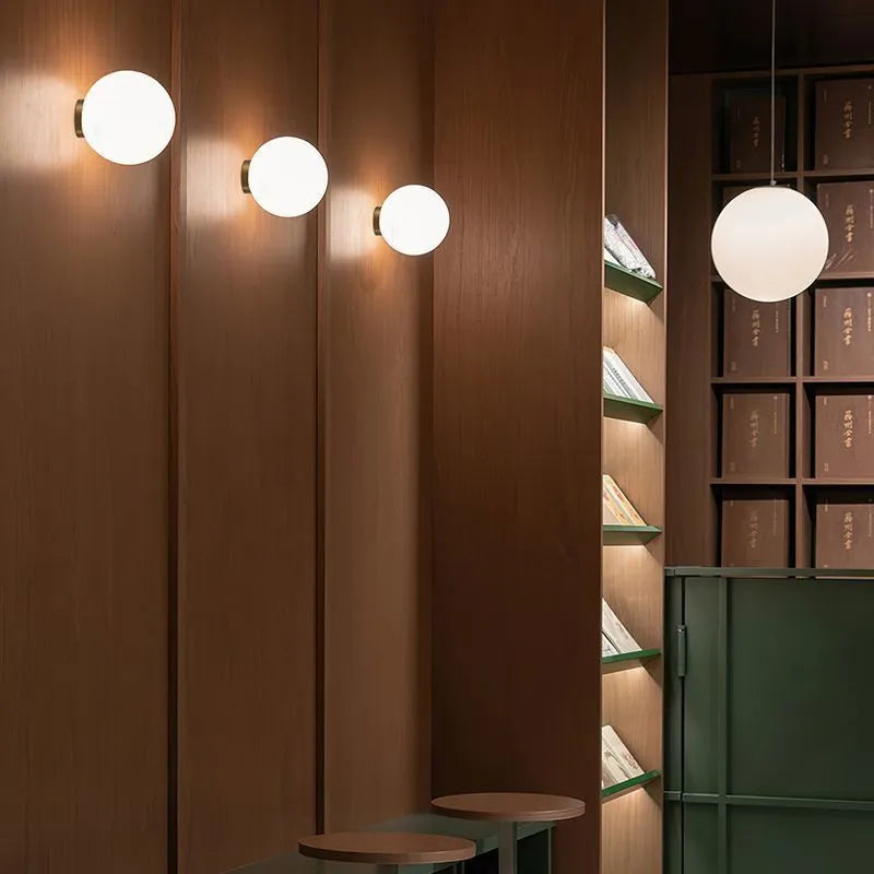 Nordic round spherical wall lamp with copper black silver or white base in 10cm to 20cm sizes