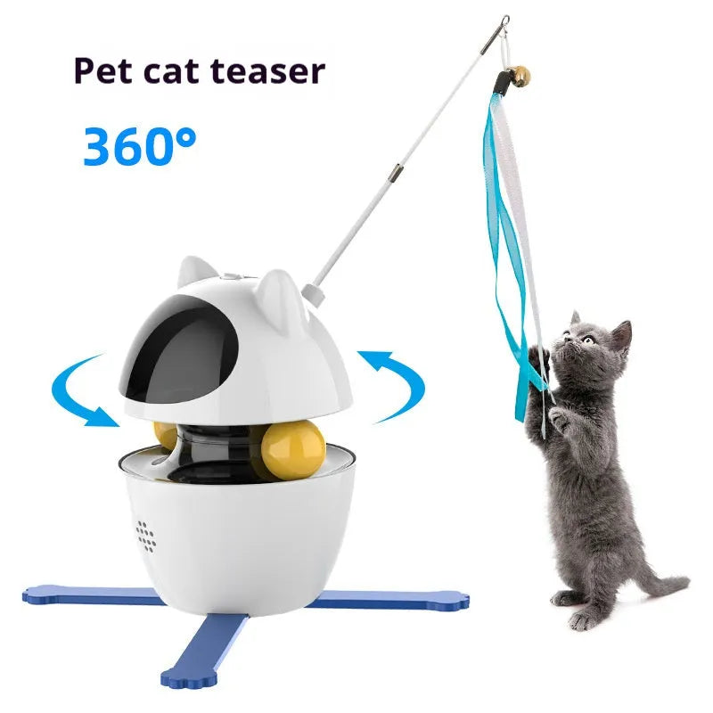 White automatic interactive cat toy stick with elastic rope extended, on a plain background.