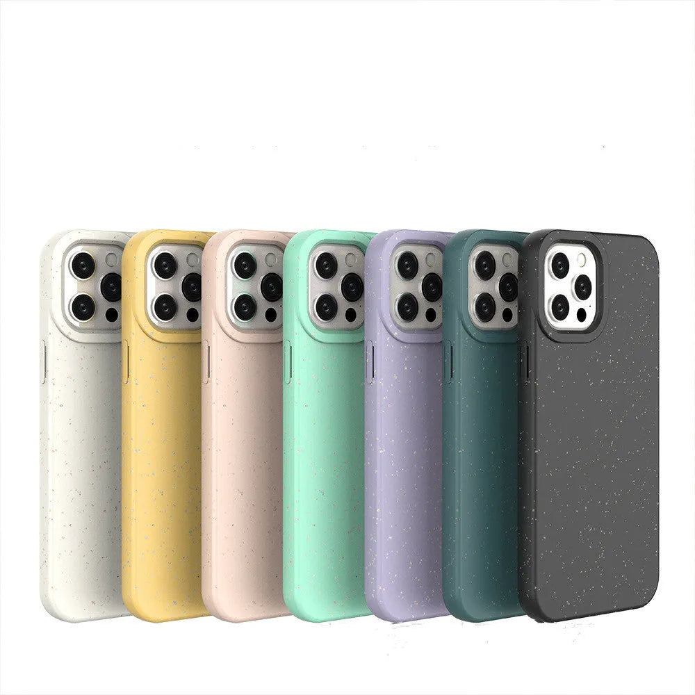 A degradable wheat straw phone case for iPhone on a wooden surface, showing its rear cover design.