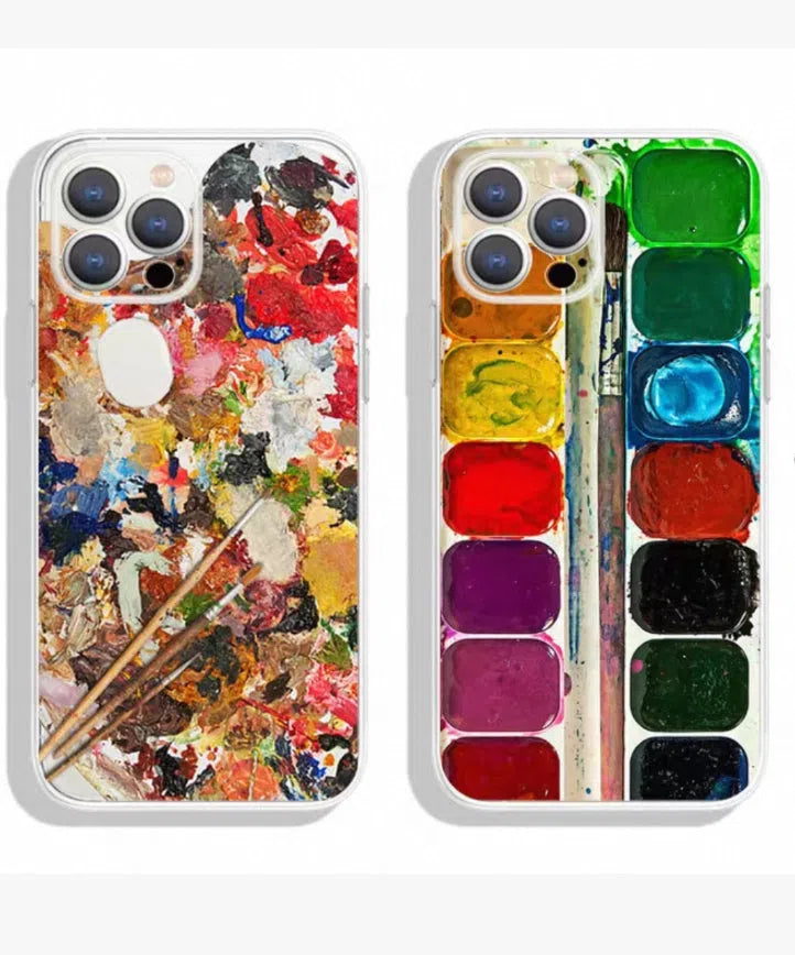 Transparent TPU phone case with retro palette design for iPhone 16 and 15 series, anti-drop protection.