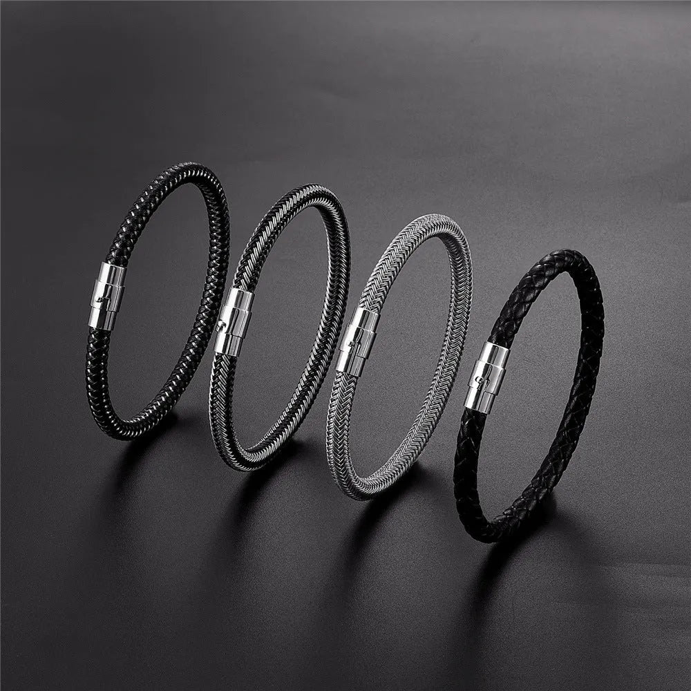 Geometric titanium steel bracelet with magnetic clasp shown on a wrist, demonstrating its unisex boyfriend style.