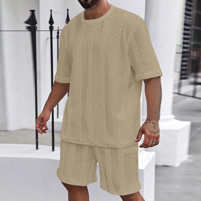Men's Jacquard knitted summer set showing short sleeve pullover and matching shorts in light grey