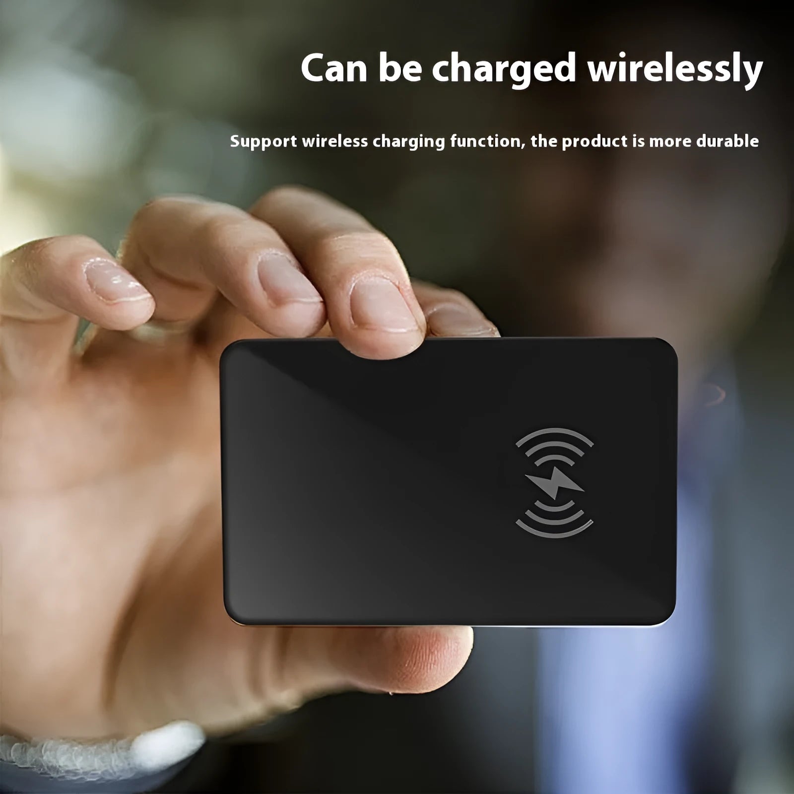 Black pet tracking card with wireless charging, 85mm by 54mm dimensions and hanging hole for collar attachment