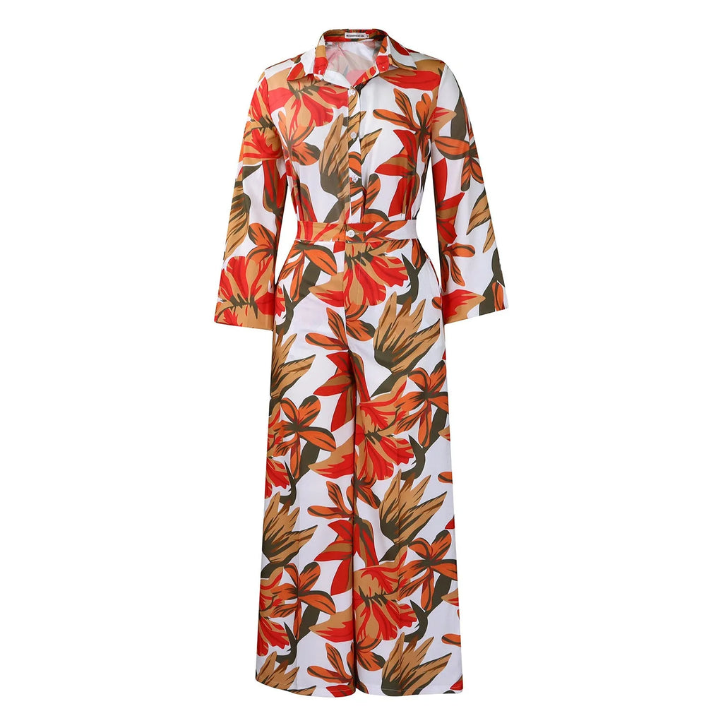 Red women's polyester shirt and wide leg pants suit set on a hanger