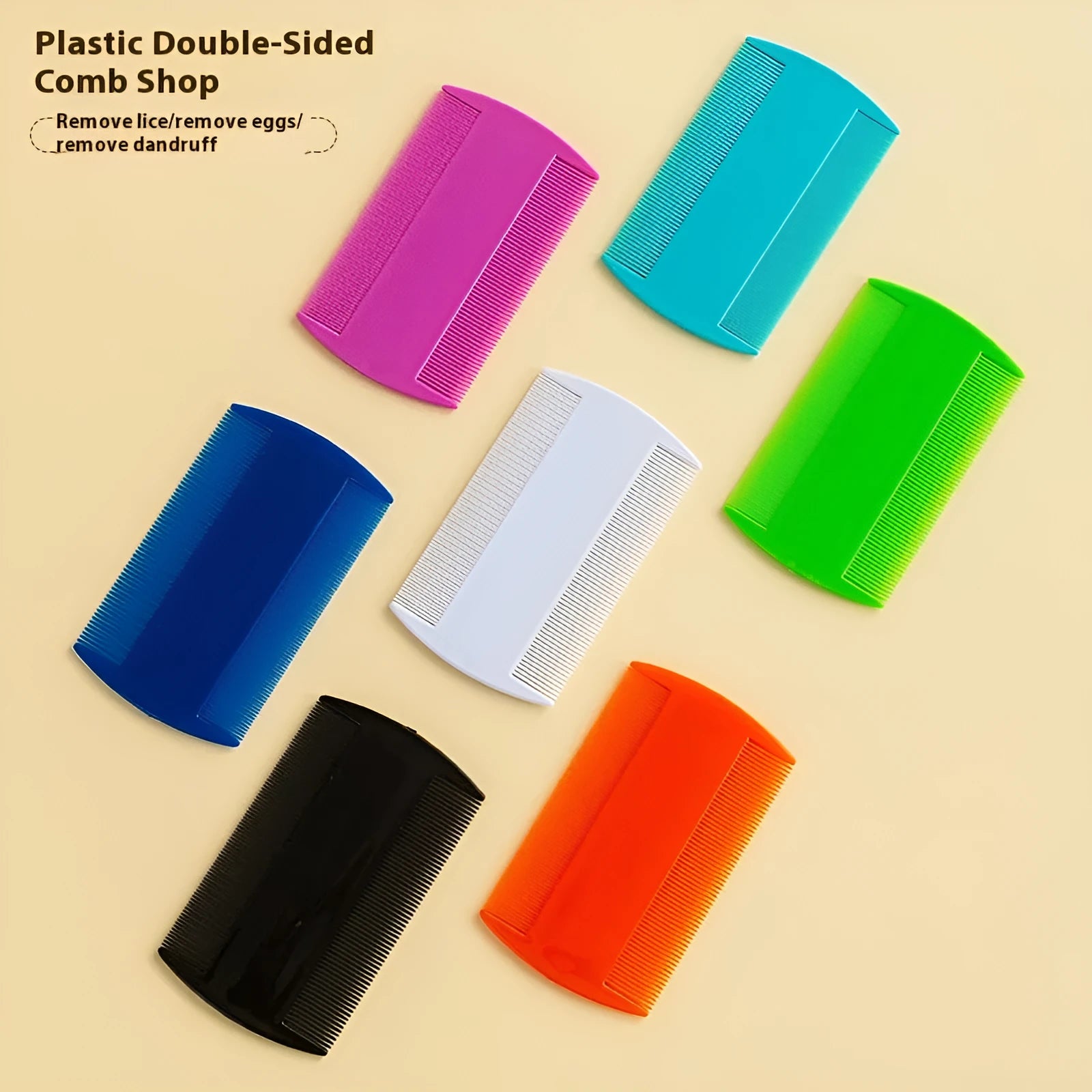 Double-edged fine-toothed plastic lice comb in various colours, showing both fine and coarse sides, scale shown with 8cm length.
