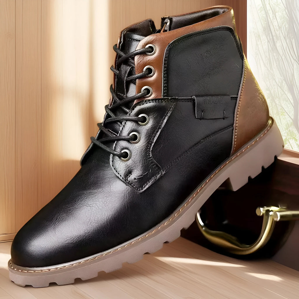 Men's brown leather-look PU ankle boot with side zipper and rubber sole