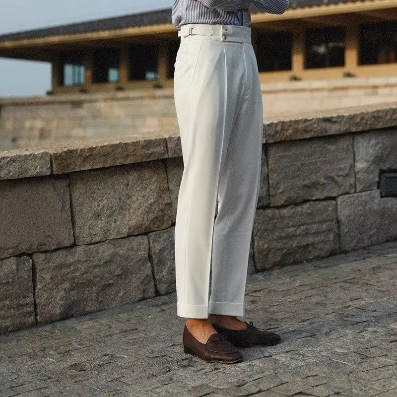 Men's slim fit suit pants in polyester blend fabric available in apricot, black and white colours