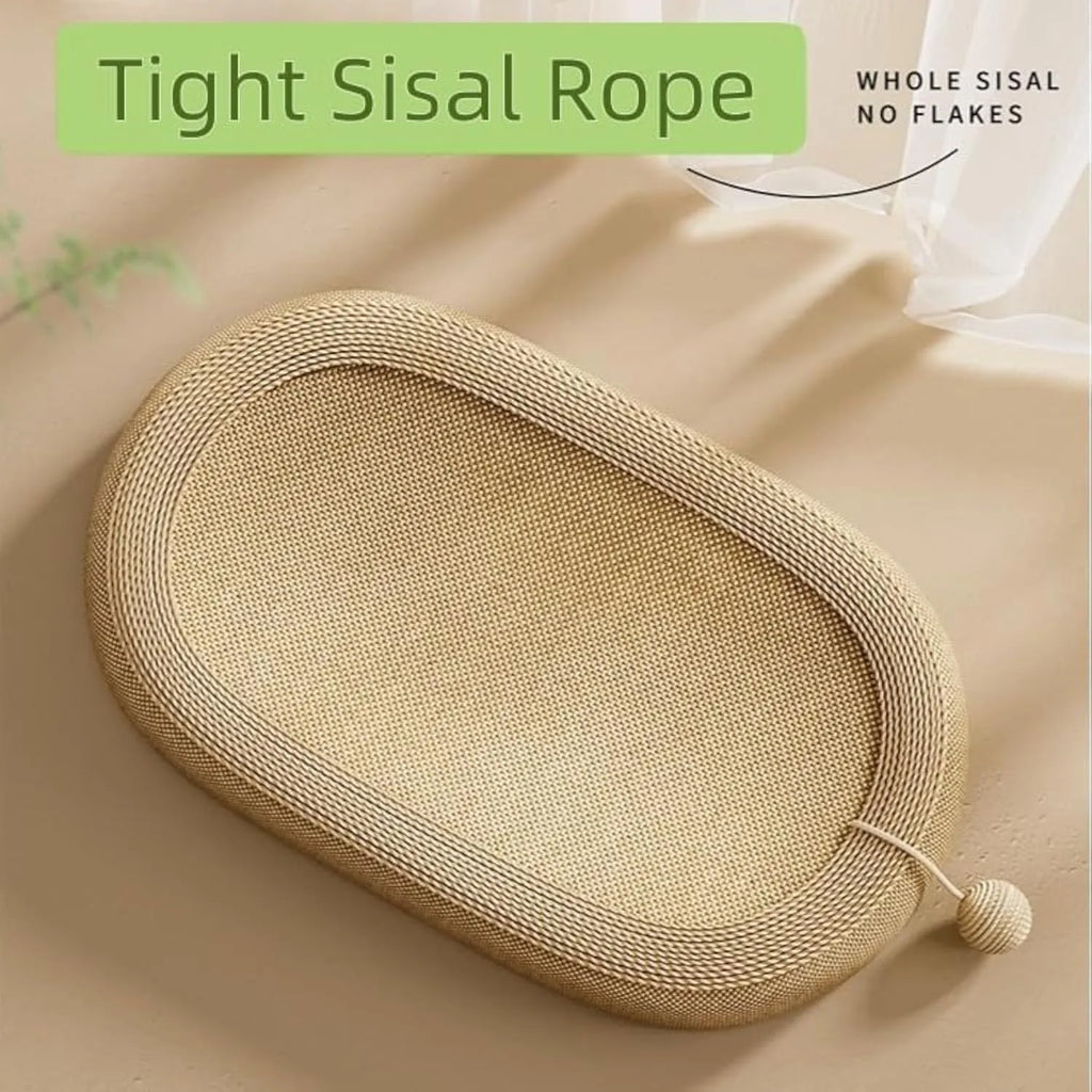 Large rectangular sisal cat scratching board with a raised lounge bed on top, showing two size options.