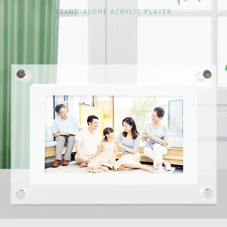 White vertical digital picture frame with 5-inch screen showing family photos