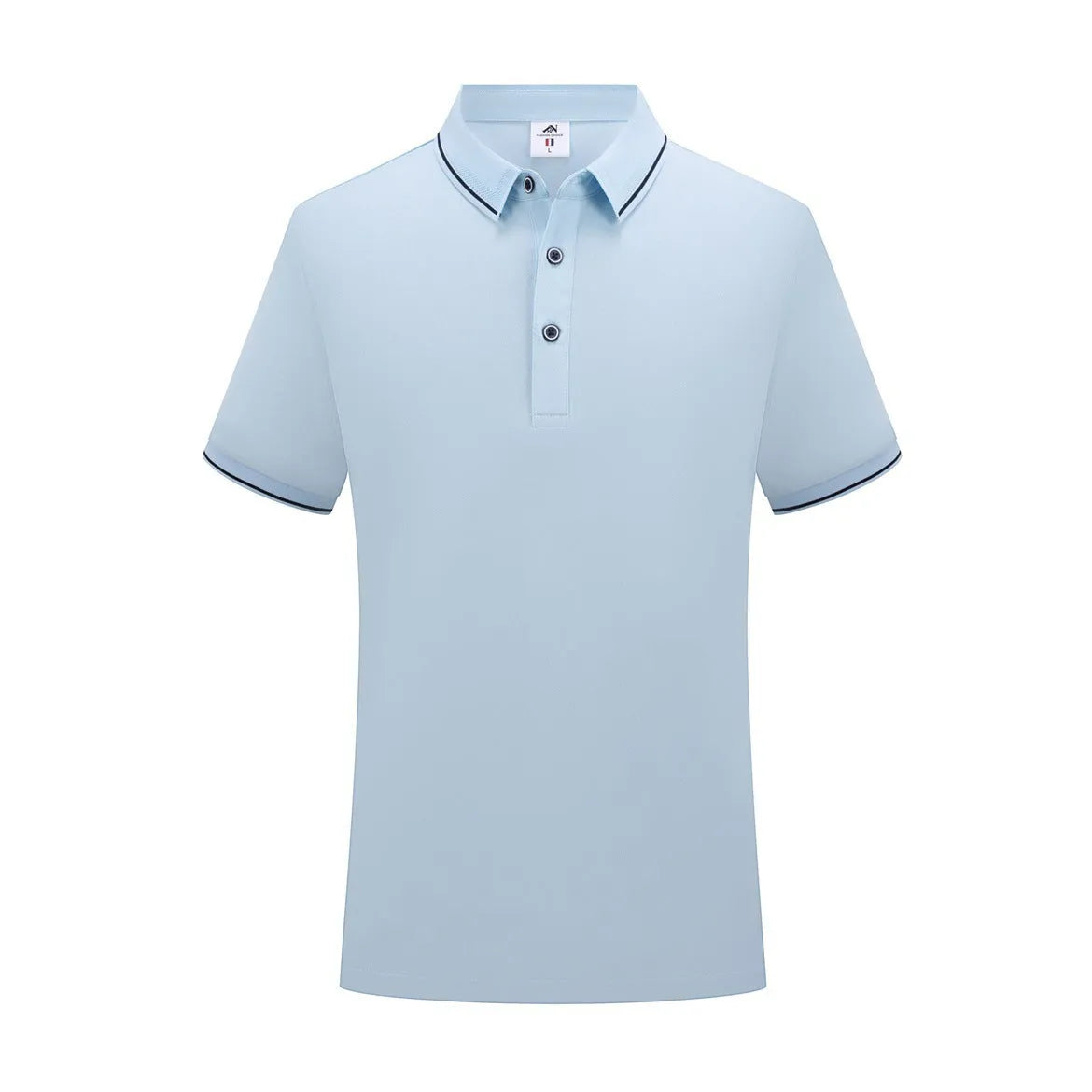 Short-sleeved asymmetrical polo shirt for beauticians in light blue cool silk cotton fabric.