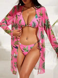 Women's floral printed mesh three-piece swimsuit set showing bra, swim trunks and cover-up blouse