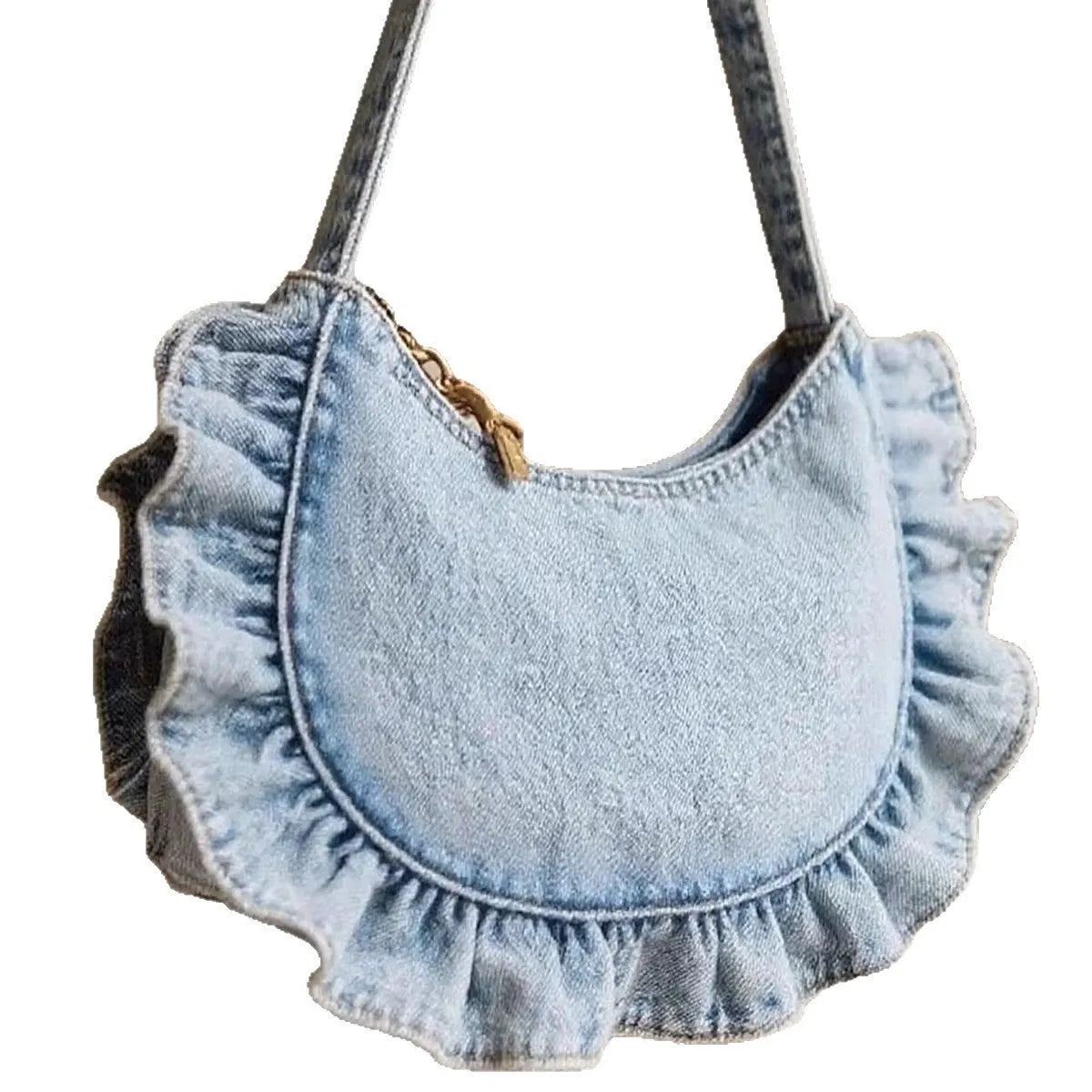 Denim blue cross-body bag with lace pleated trim and single shoulder strap, bucket shape.