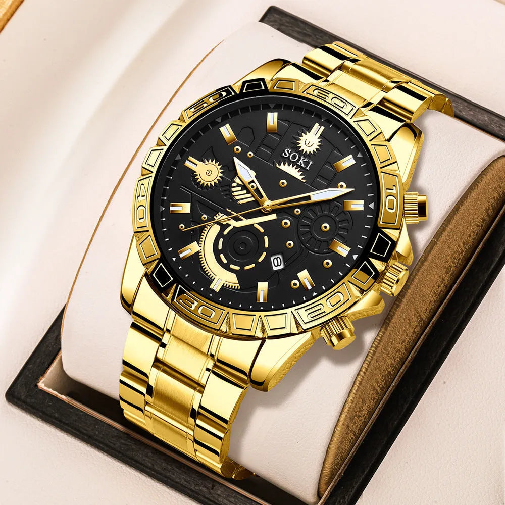 Men's gold-colour business quartz watch with stainless steel strap and calendar on dial