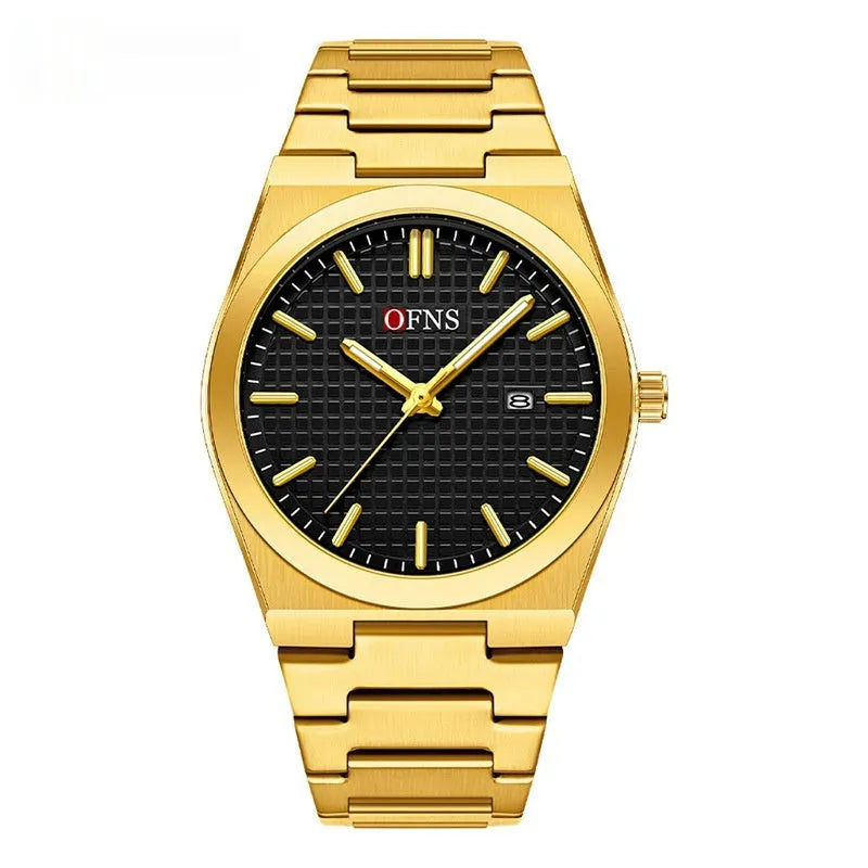 Calendar fashion casual men's quartz watch with zinc alloy case and steel belt