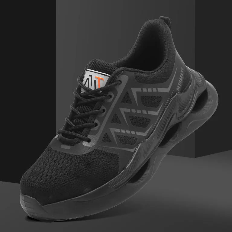 Black low-top steel toe cap safety work shoes with flat knitted uppers and lace-up front.