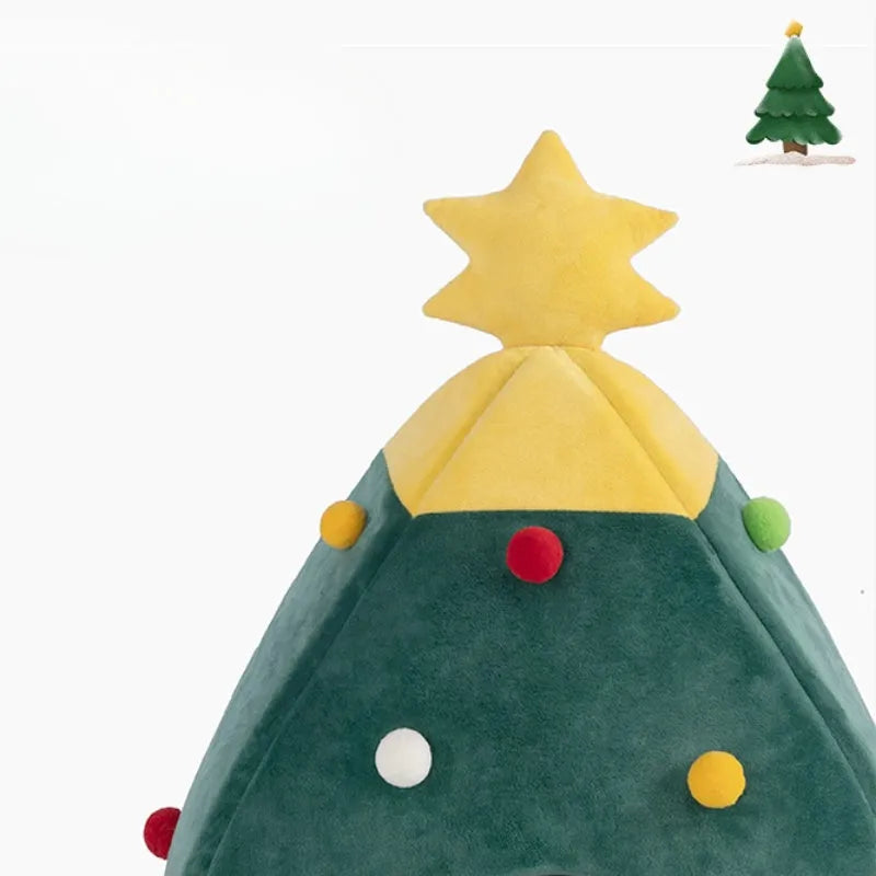 Red Christmas tree shaped cave pet bed with plush interior for a cat or small dog.
