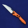 Black folding fruit knife with D2 steel blade and aluminium handle, shown open with measurements.