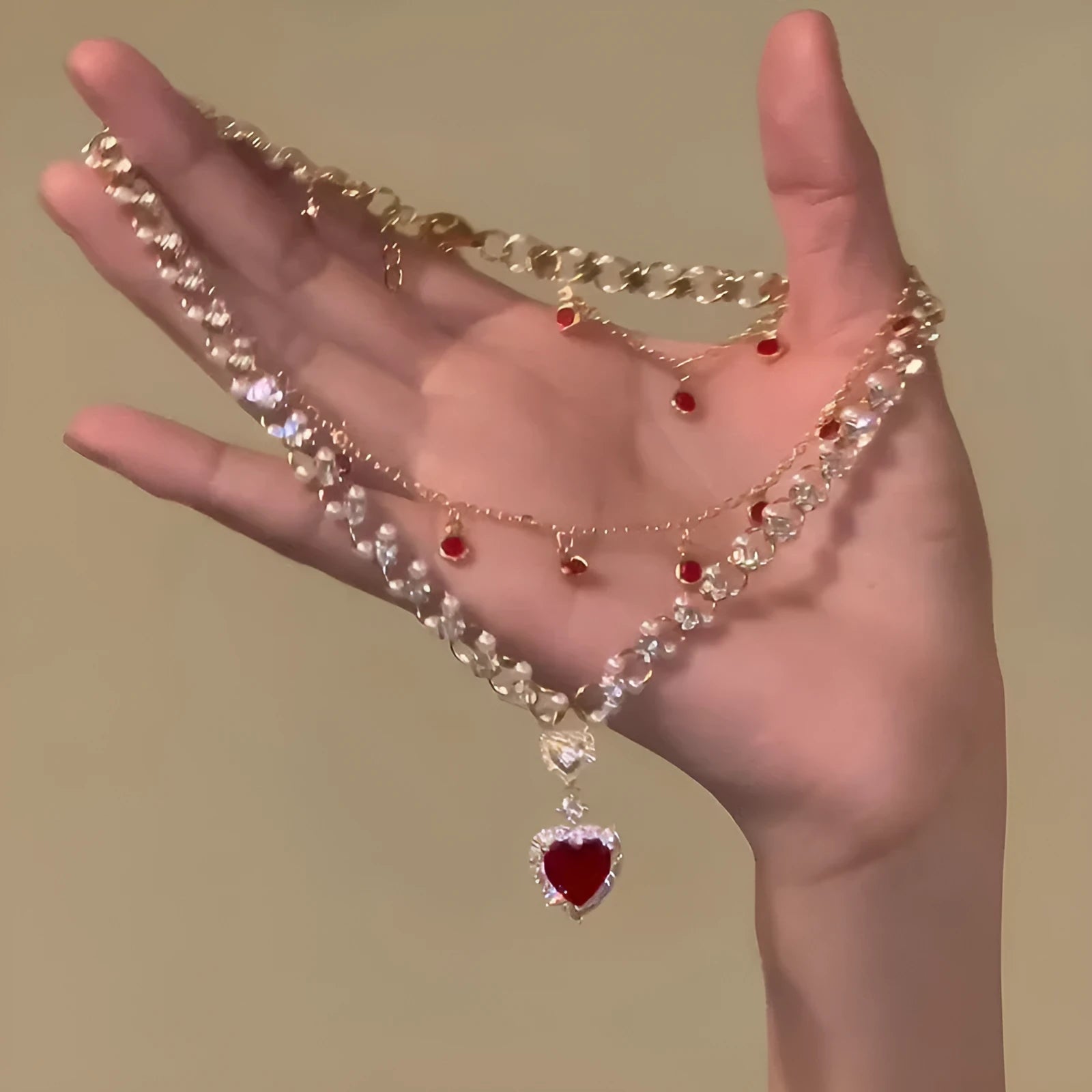 Red love pearl double layer necklace with twin chains, adjustable 41-50cm length