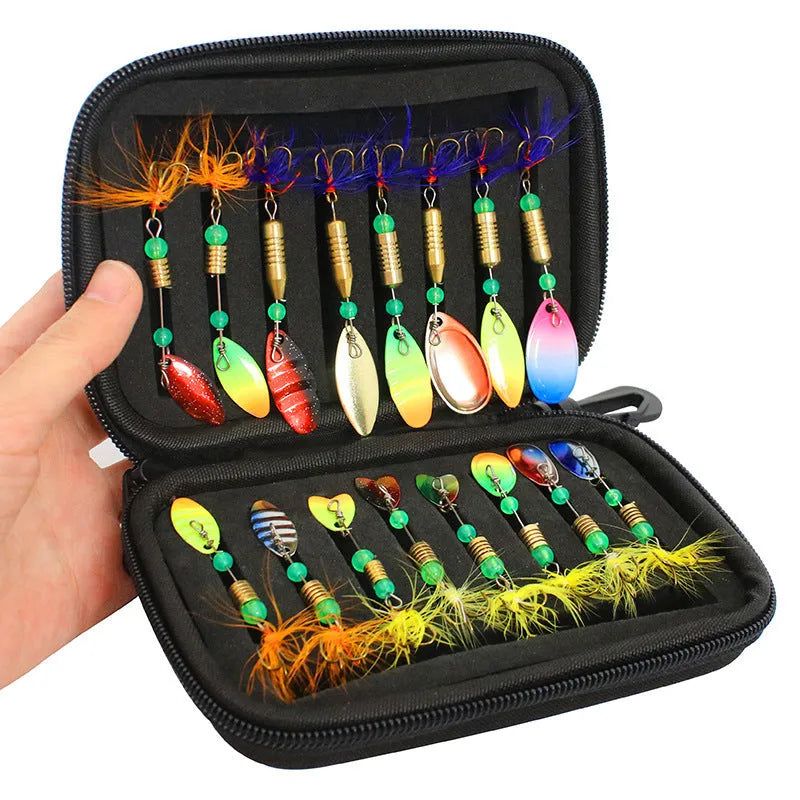 Sixteen composite fishing lures in various colours stored in a 1680D Oxford cloth case
