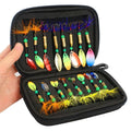 Sixteen composite fishing lures in various colours stored in a 1680D Oxford cloth case