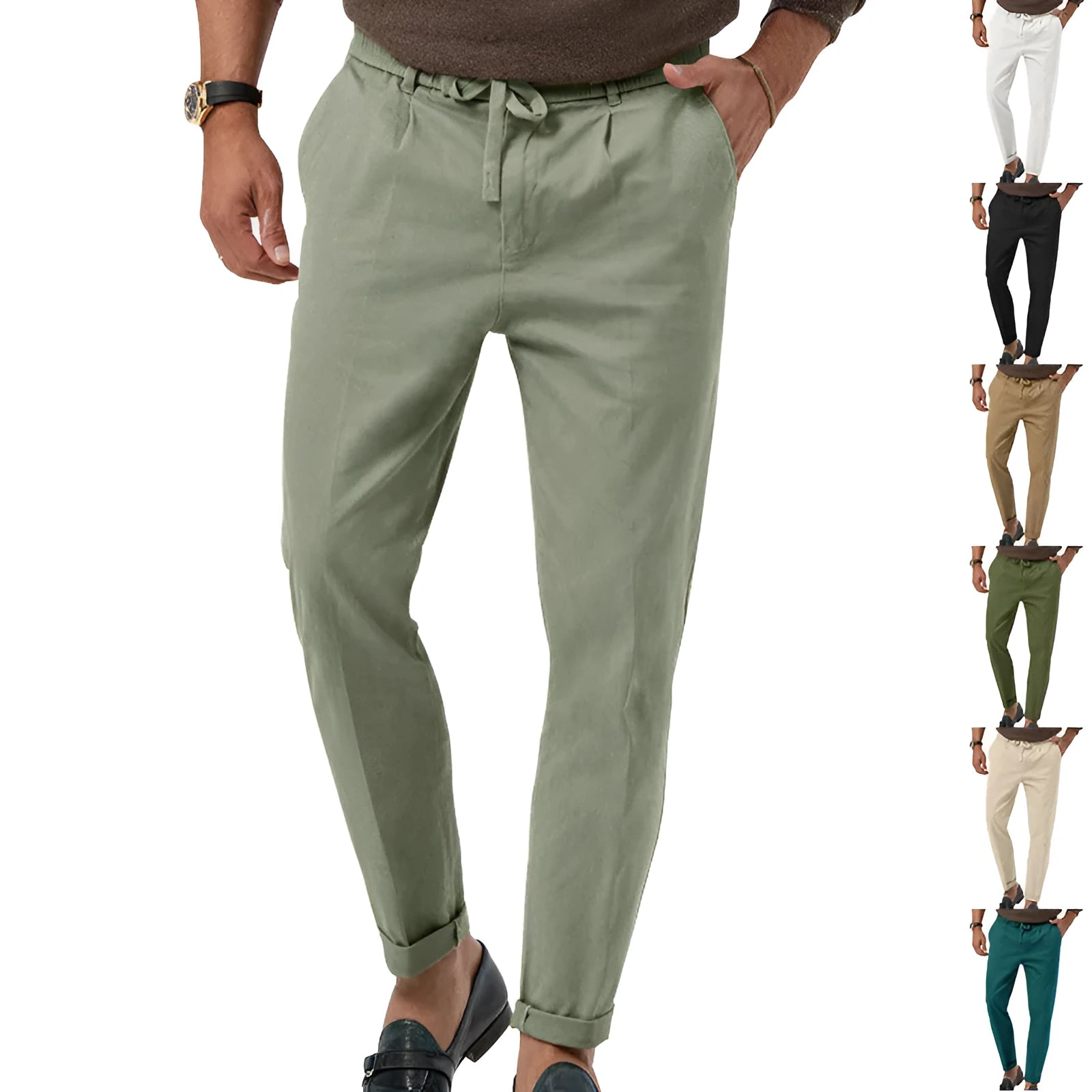 Men's casual drawstring suit pants in straight-leg cotton blend, high waist, available in multiple colours including black, white, khaki and army green, sizes S-XXXL