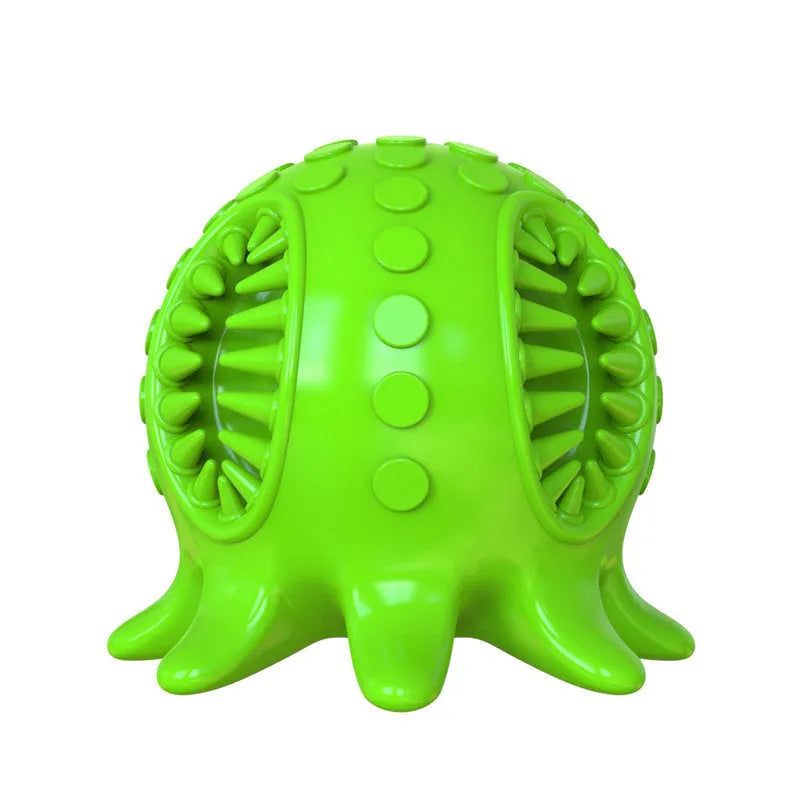 Small octopus dog toothbrush chew toy in blue with sound feature for teeth cleaning and bad breath removal