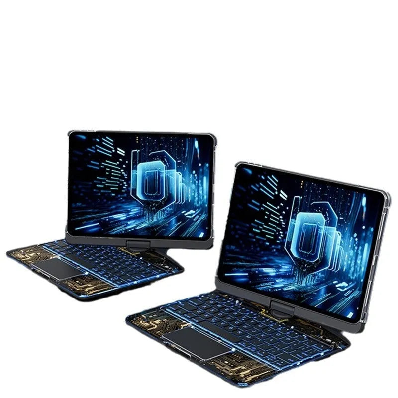 360 swivel transparent keyboard case for iPad with trackpad and pen slot, showing open position