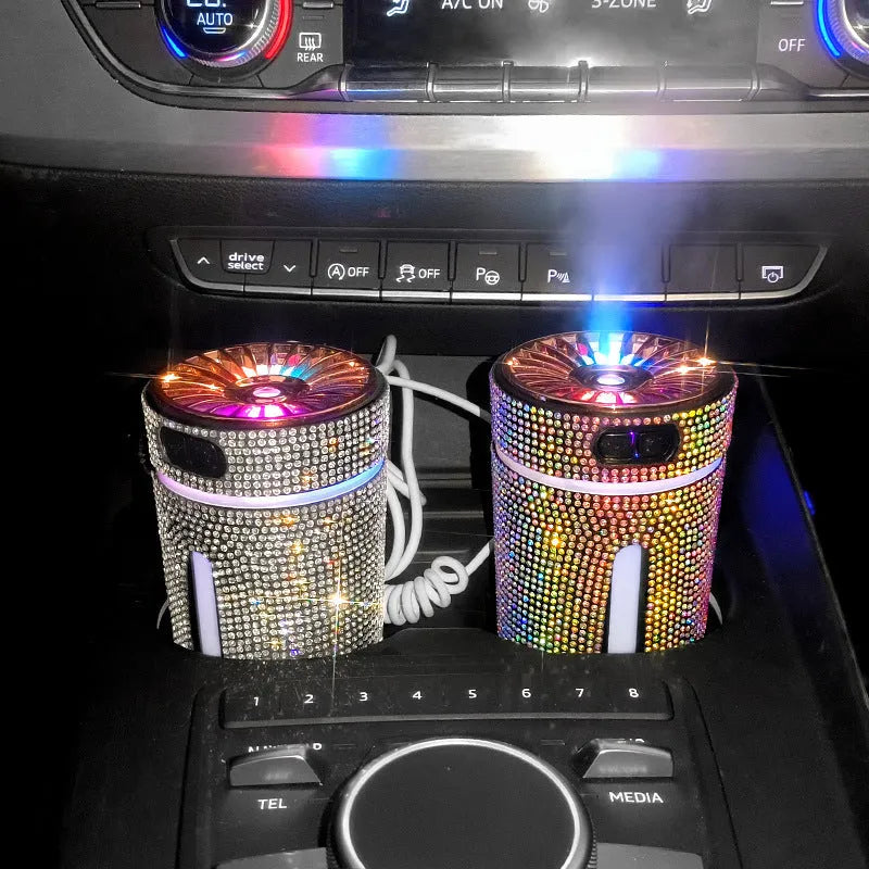 Diamond design car humidifier with LED lights showing 15cm size and USB power port