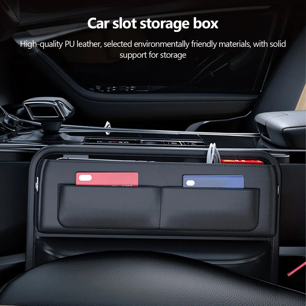 Black PU leather car seat gap storage box with data cable hole filling central console space