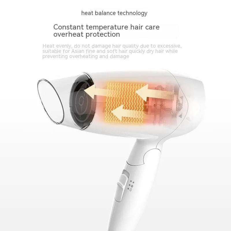 Portable Moon White hair dryer with 1400W rated power, 150cm cord, and national standard plug for household and travel use.