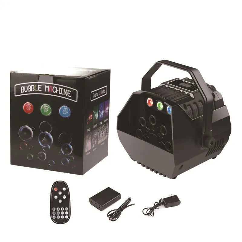 Mini plastic bubble machine with LED lights and US power cord on a table