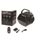 Mini plastic bubble machine with LED lights and US power cord on a table