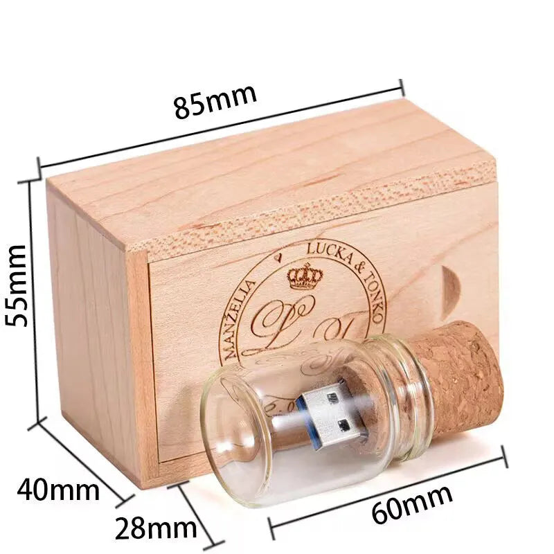 Wooden wish drift bottle USB flash drive with transparent plastic case showing carved wood inside.