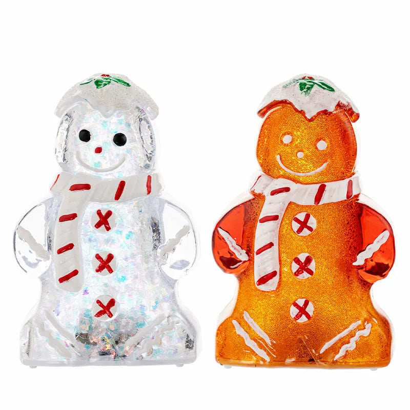 Glowing Christmas gingerbread man snowman ornament with a red scarf, plastic decoration.