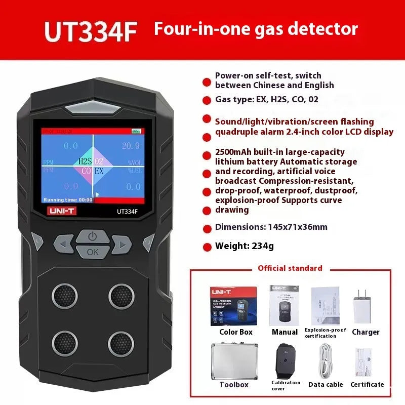 Four-in-one portable gas detector UT334E with battery compartment and display screen