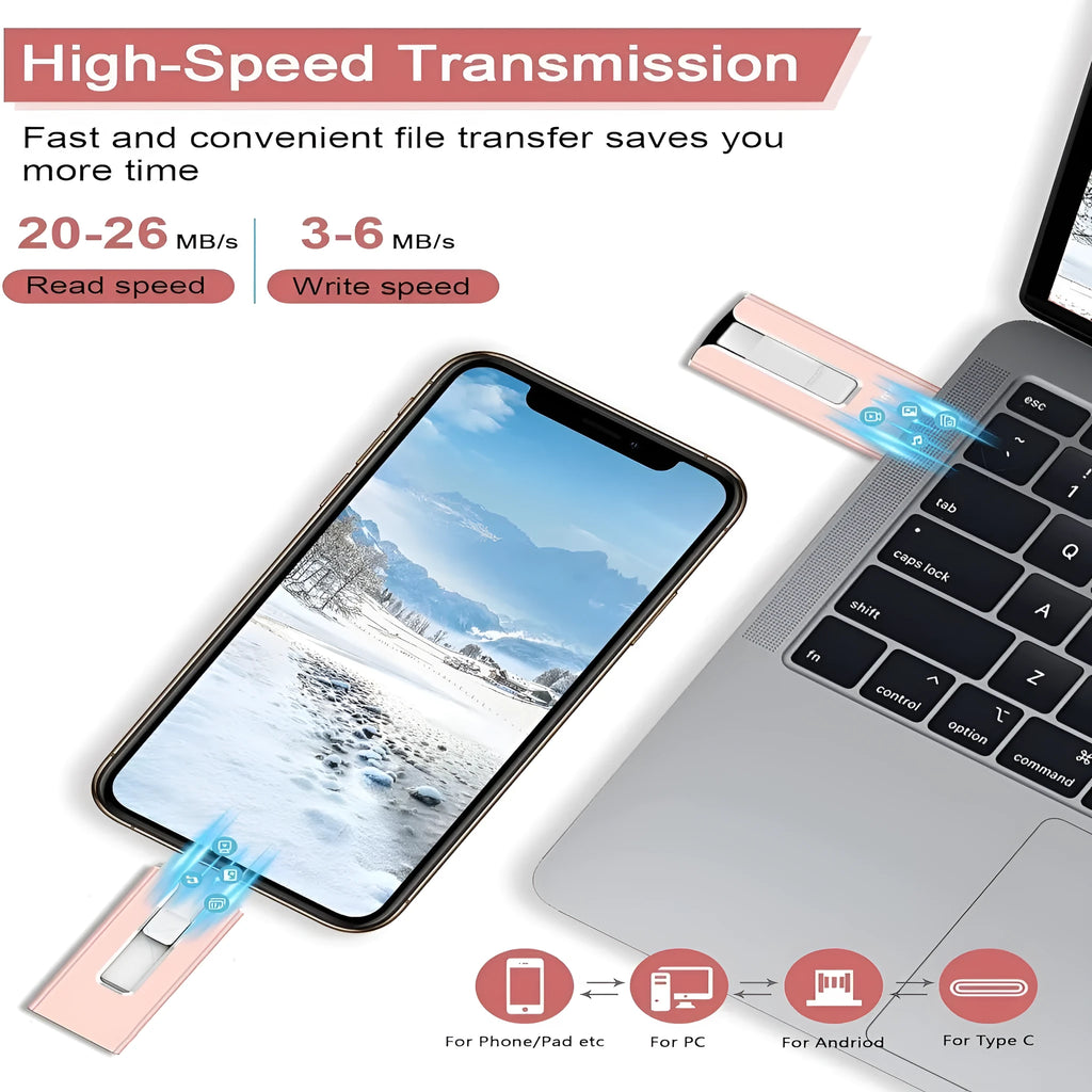 Multifunctional 2T USB thumb drive with Lightning, USB 3.0, OTG interfaces metal shell silver colour