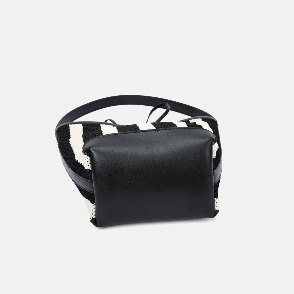Black and white striped woven fabric women's shoulder bag with bucket style