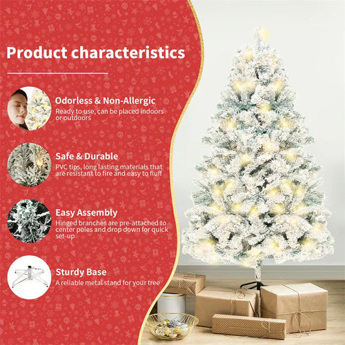 Artificial green and white snow-effect PVC Christmas tree with metal stand.