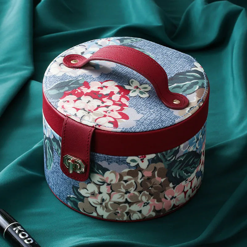 Large capacity multi-layer retro round leather jewellery box in palace style green, pink, red, or black