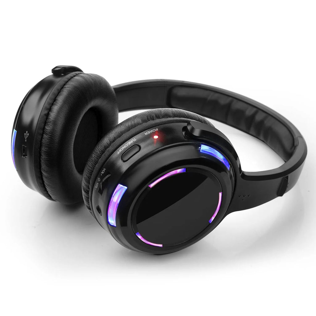 Black wireless silent disco headphones with over-ear design and a 3m cable.
